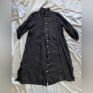 Saks Fifth Avenue Black Italian Linen Long Sleeve Dress XS Relaxed Fit Lagenlook